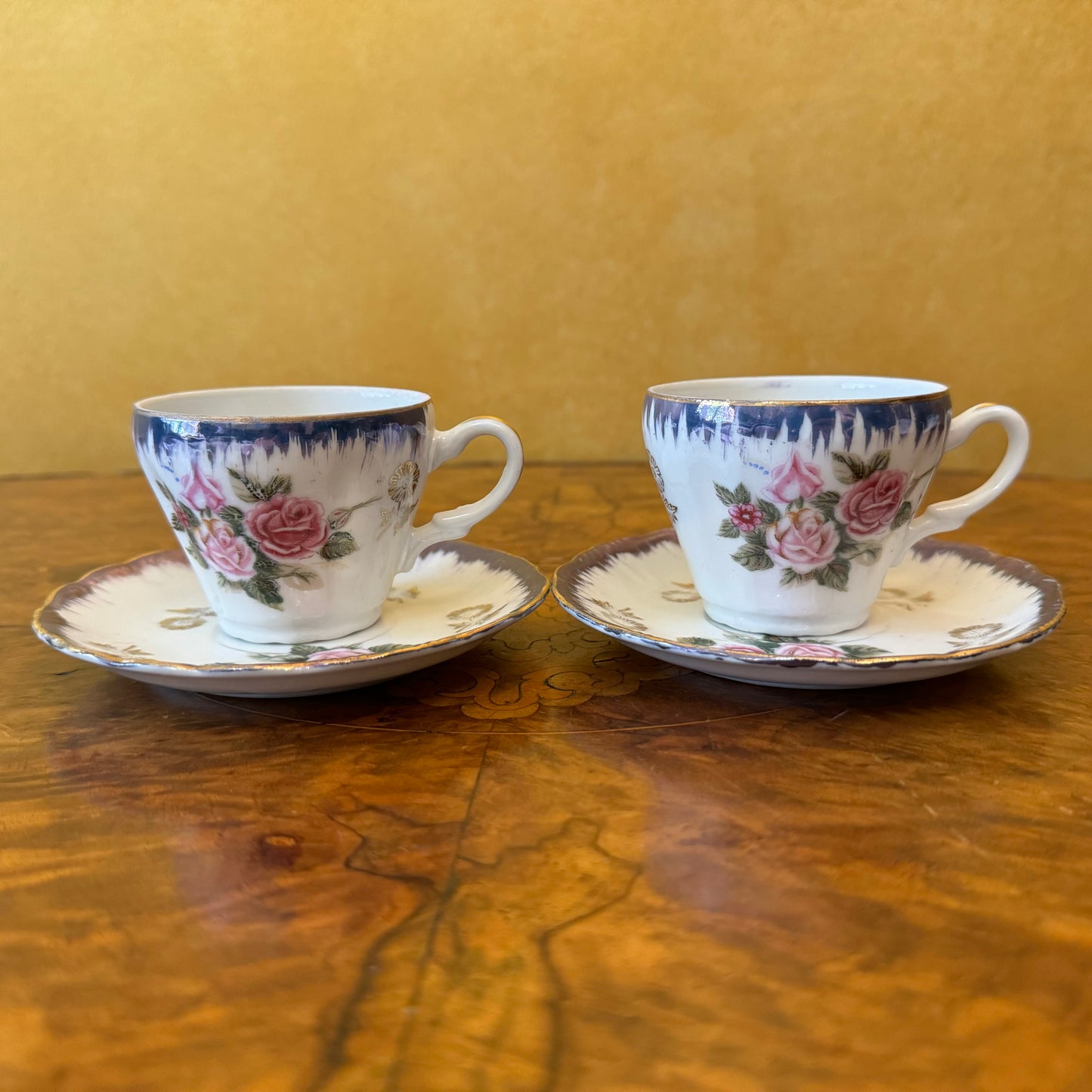 Vintage Blue Floral Print Coffee Cups & Saucer Pair 