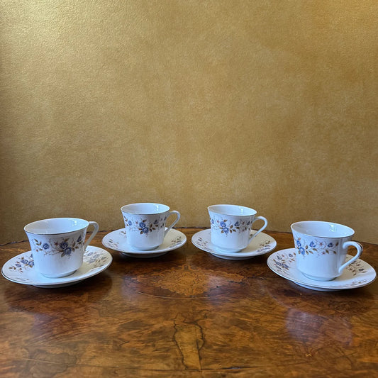 Vintage Blue Floral Print Tea Cup & Saucer Set Of Four