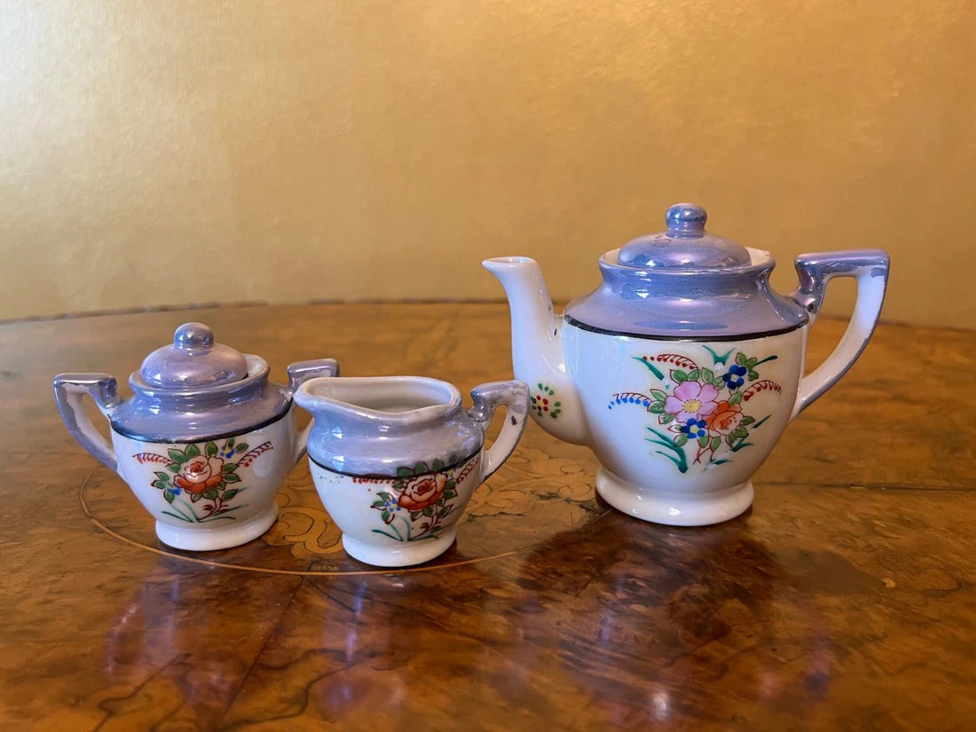 Vintage Blue Floral Teapot, Sugar and Milk Jugs Toy Tea Set