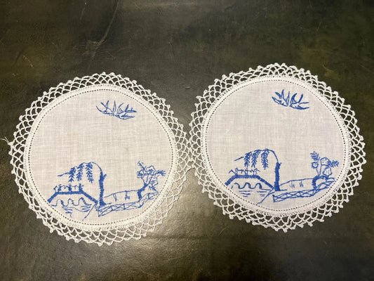 Vintage Blue & White Embroidery Doily