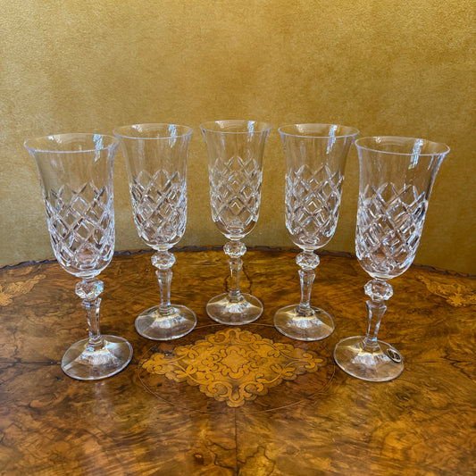 Vintage Bohemia Crystal Flute Champagne Glasses Set Of Five 