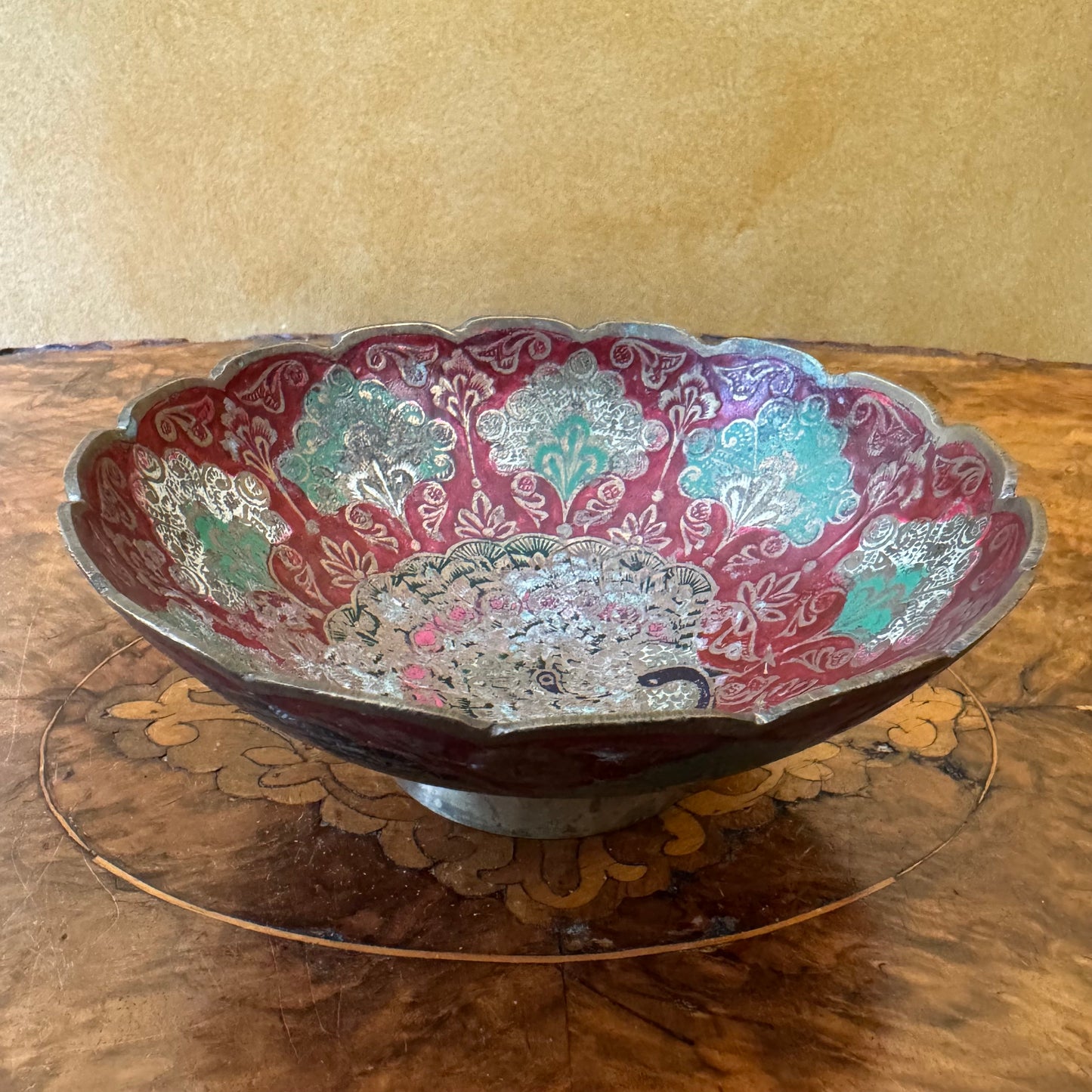 Vintage Brass Cloisonne Peacock Bowl 
