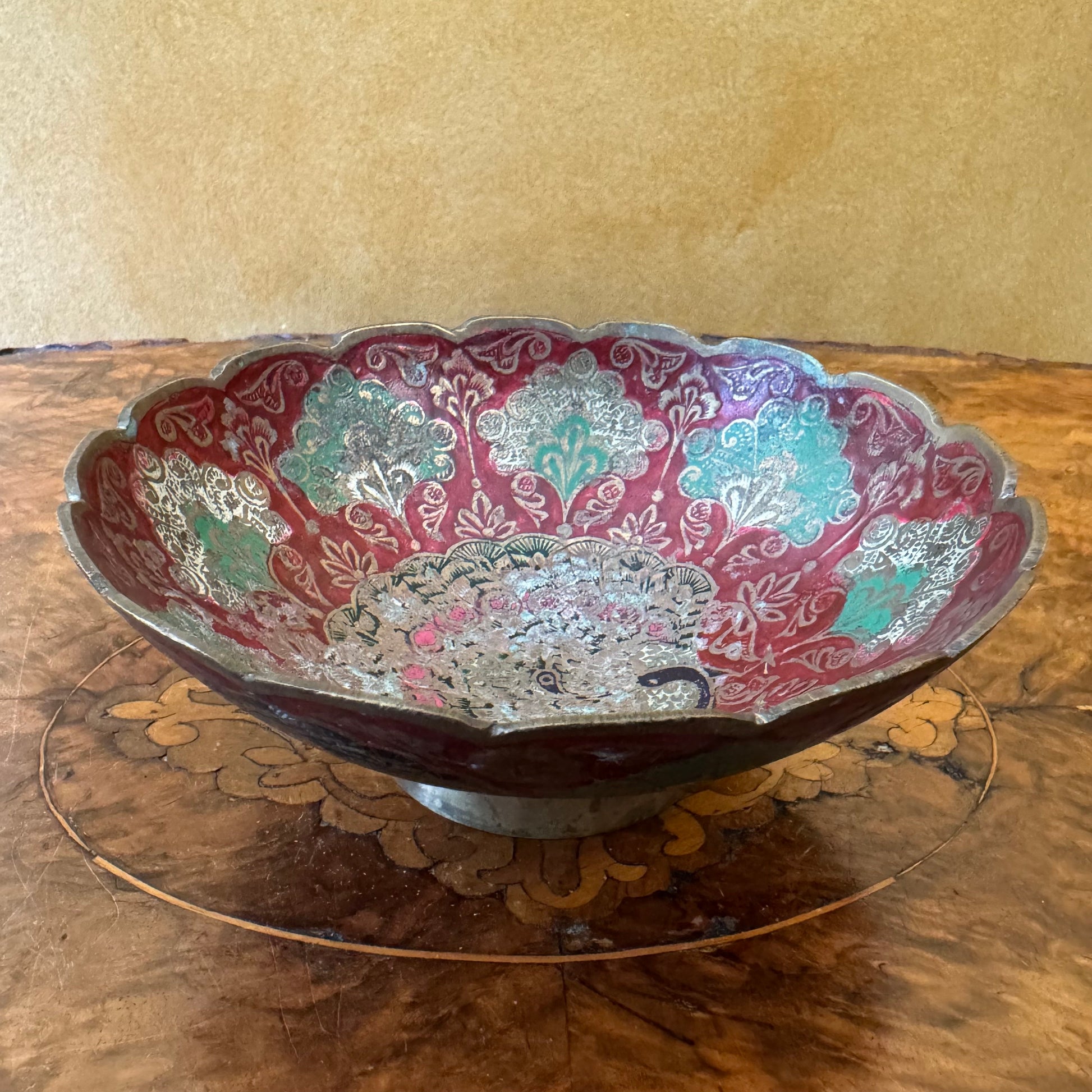 Vintage Brass Cloisonne Peacock Bowl 