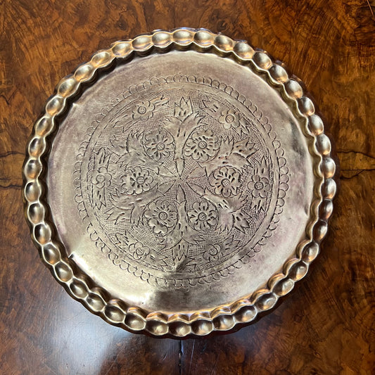 Vintage Brass Floral Engraved Round Tray
