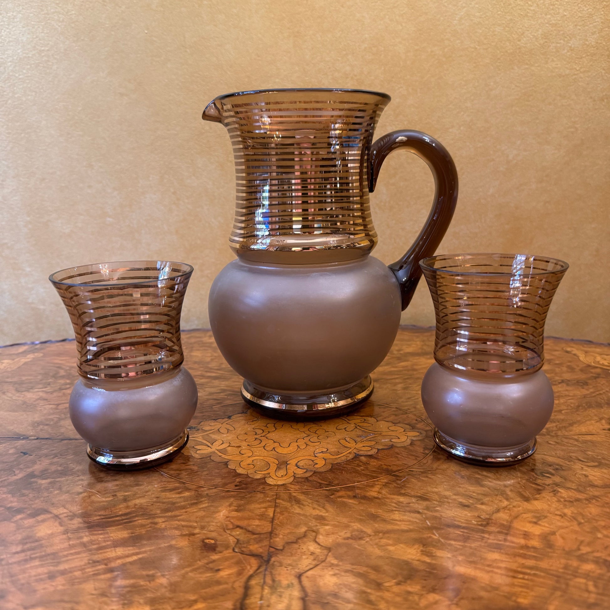 Vintage Brown & Gold Stripe Pitcher & Glasses 