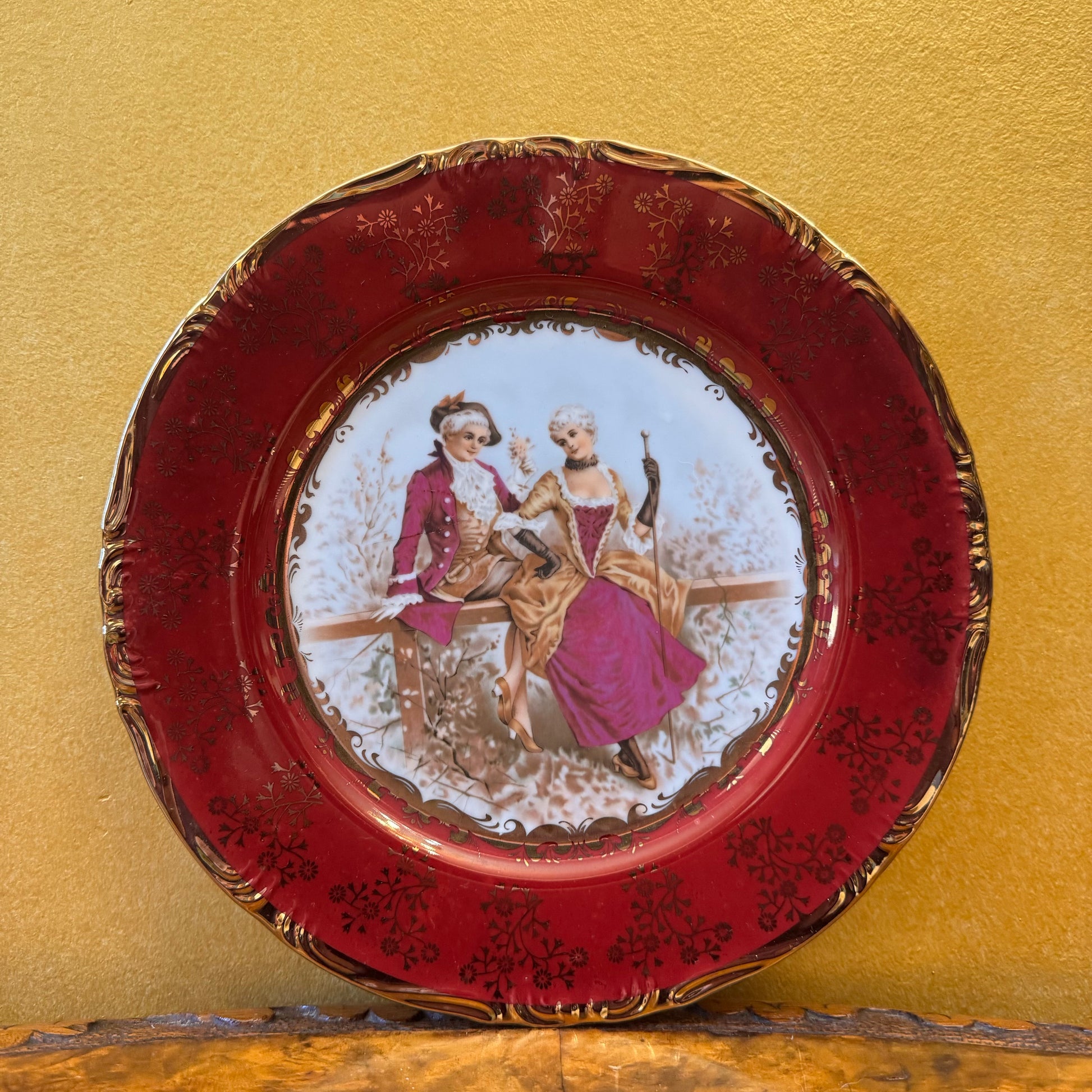 Vintage Burgundy Gold Courting Print Dinner Plate 
