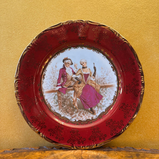 Vintage Burgundy Gold Courting Print Dinner Plate 