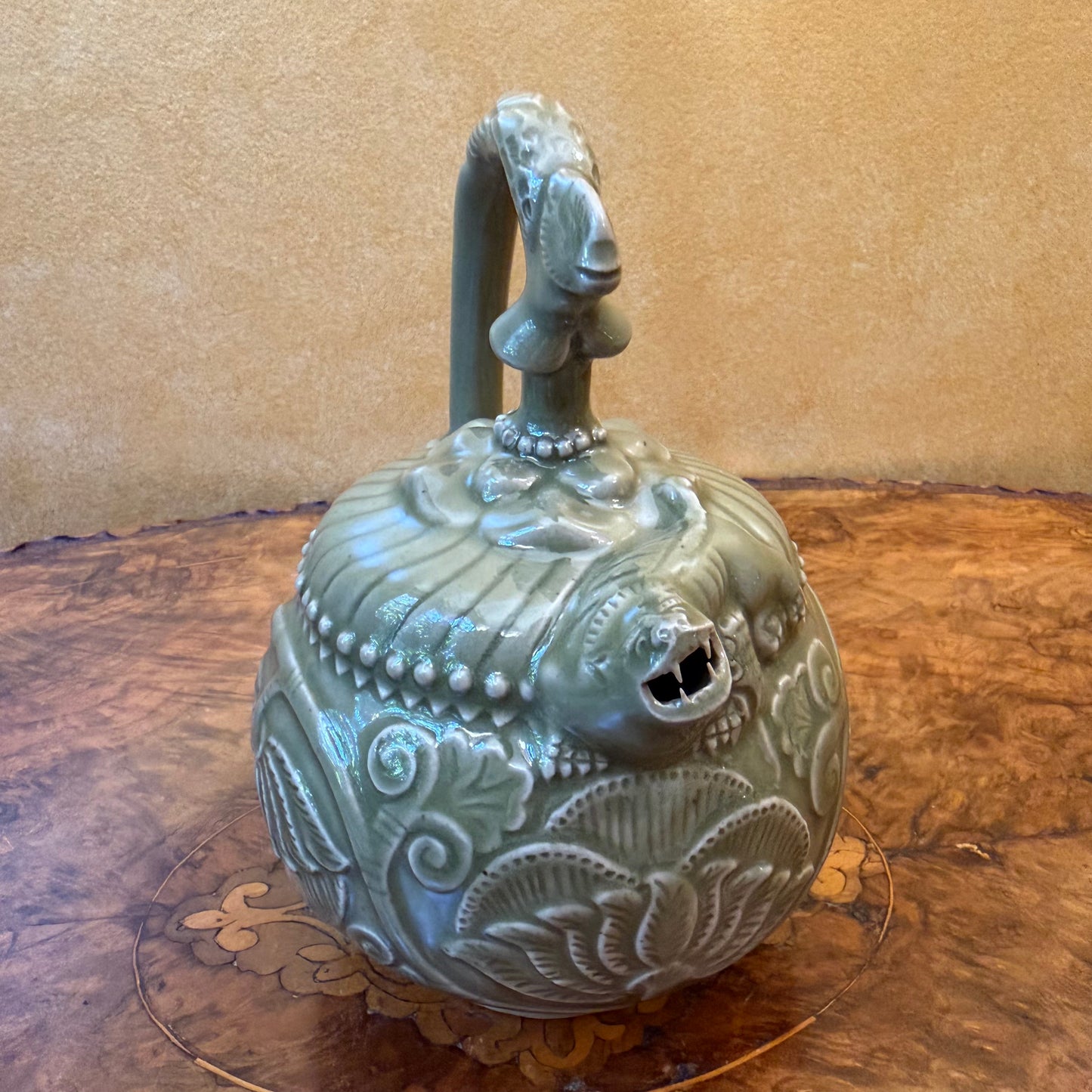 Vintage Celadon Porcelain Yaozhou Reverse Flow Teapot with Lion Foo Vintage 