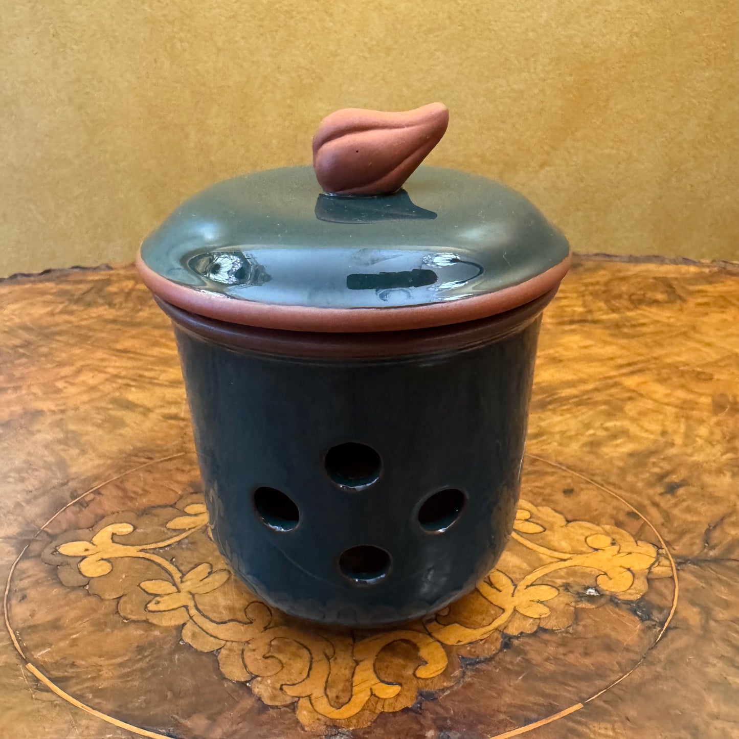 Vintage Ceramic Garlic Keeper Green Terracotta Jar