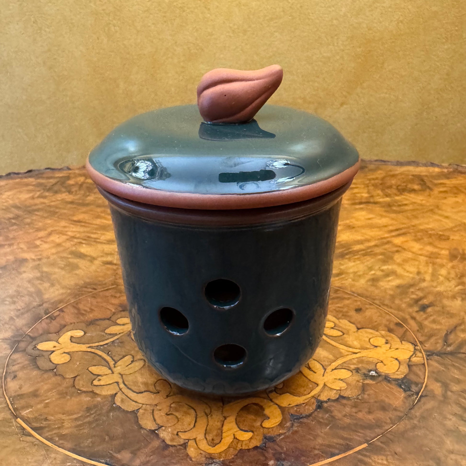 Vintage Ceramic Garlic Keeper Green Terracotta Jar