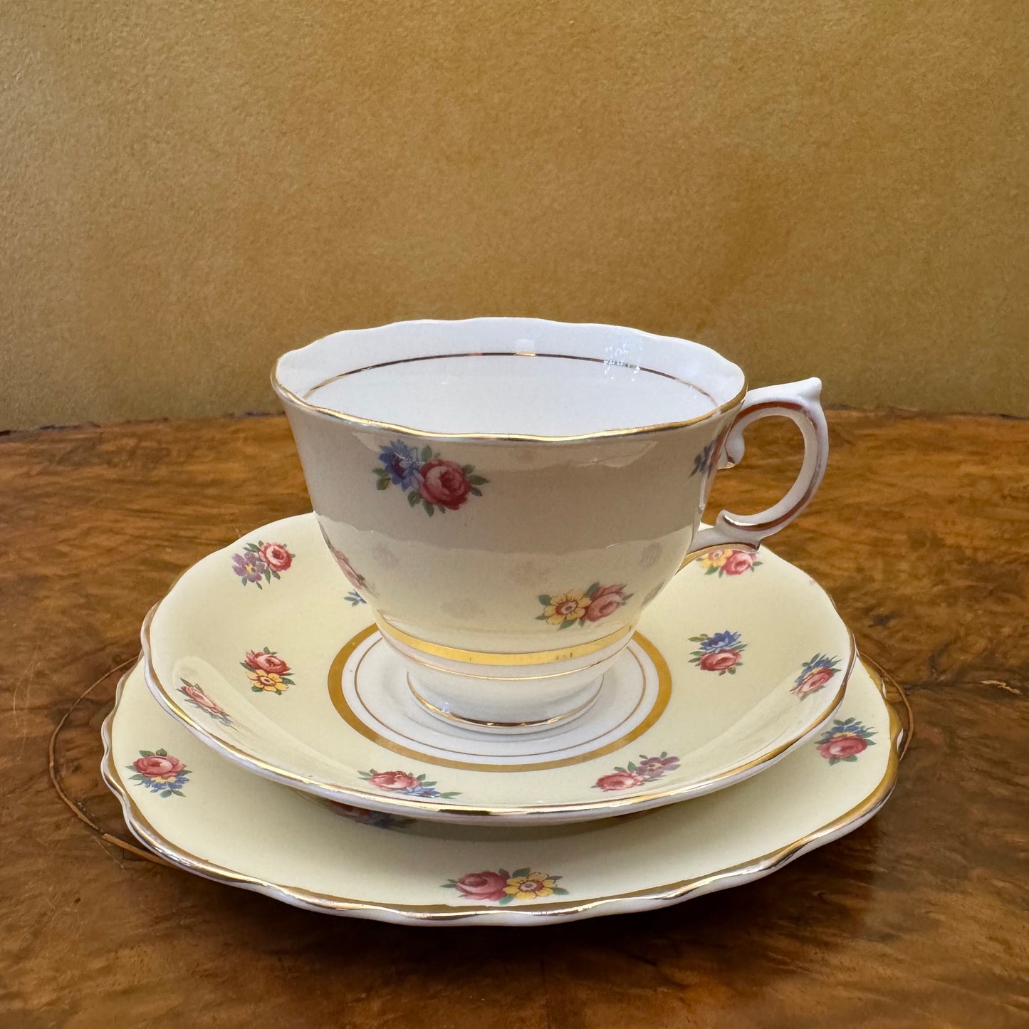 Vintage Colclough Light Yellow Floral Print Tea Cup Trio 