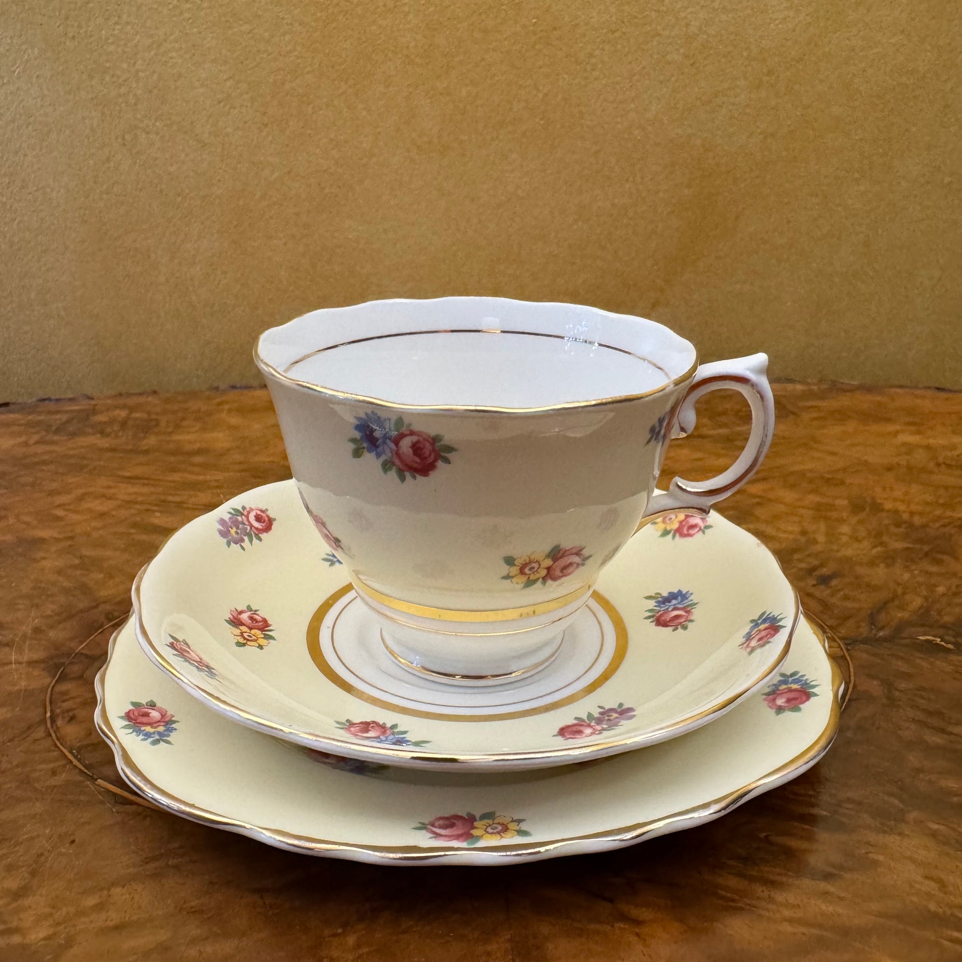 Vintage Colclough Light Yellow Floral Print Tea Cup Trio 