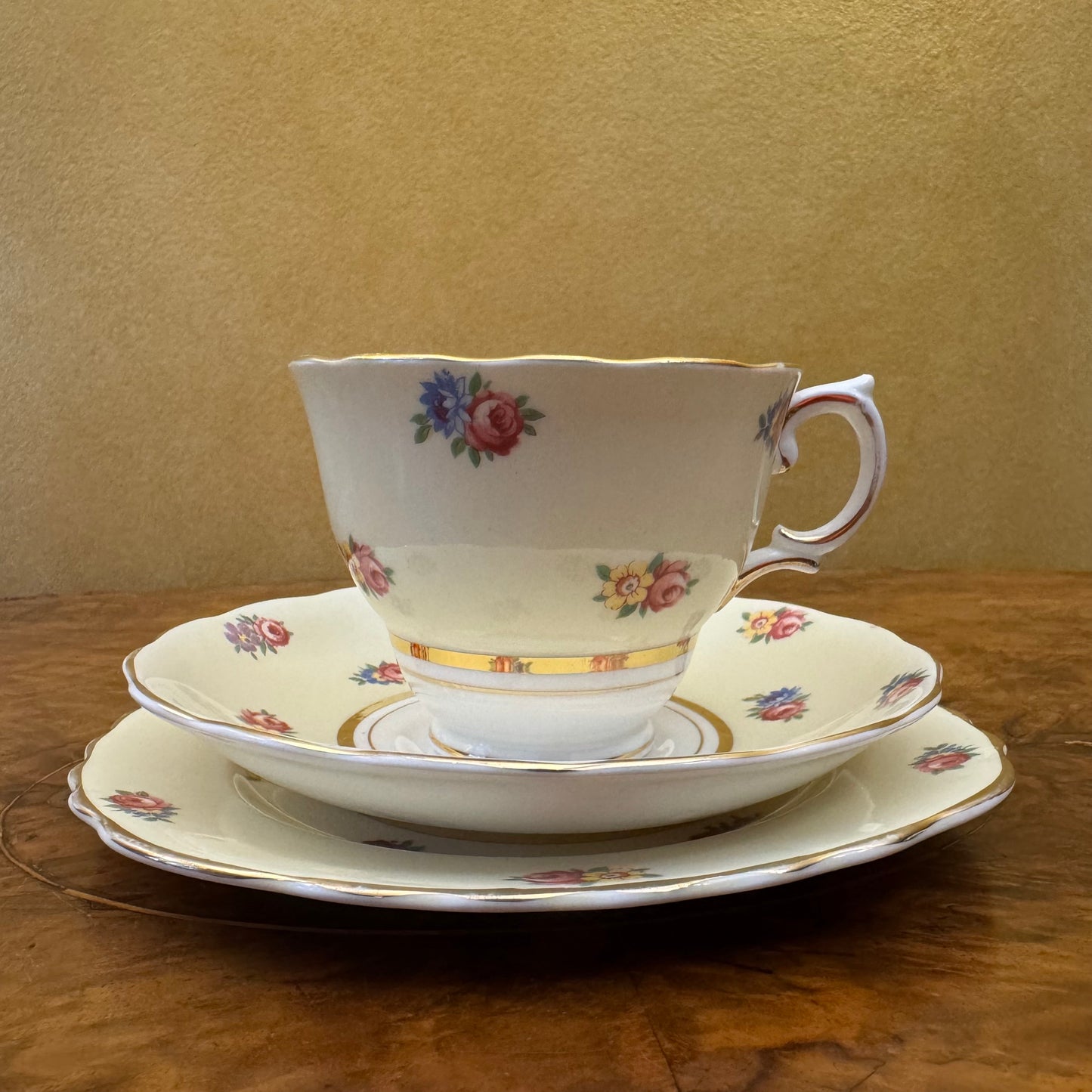 Vintage Colclough Light Yellow Floral Print Tea Cup Trio Set 