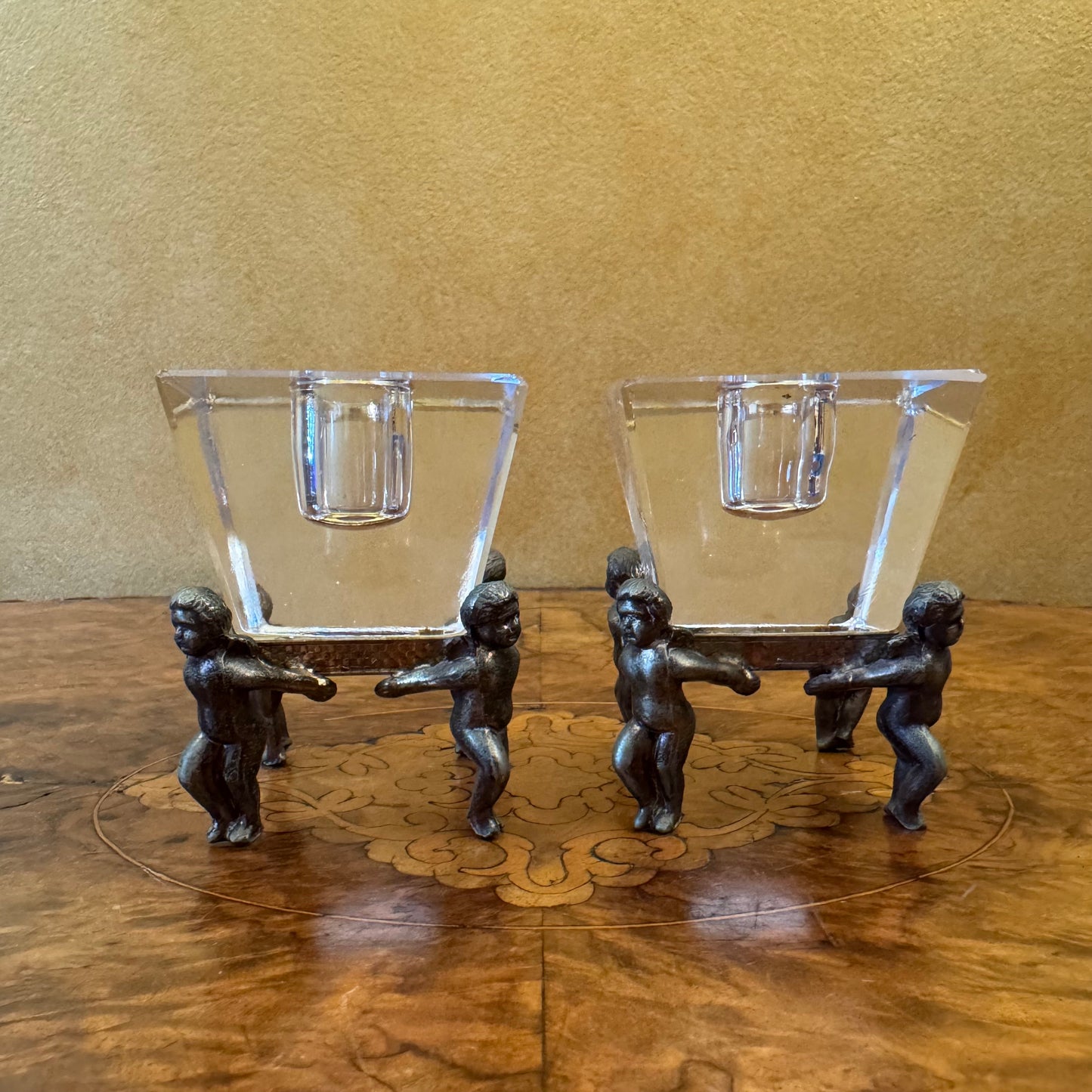 Vintage Crystal Candle Holder with Cherub Metal Base