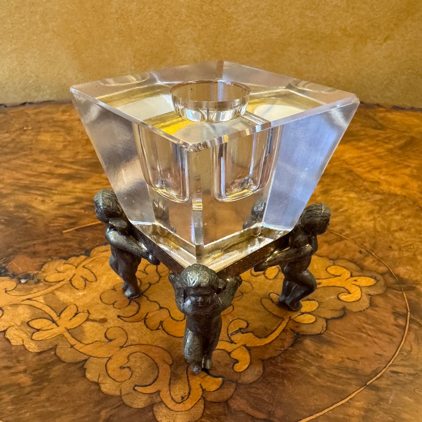 Vintage Crystal Candle Holder with Cherub Metal Base Pair 