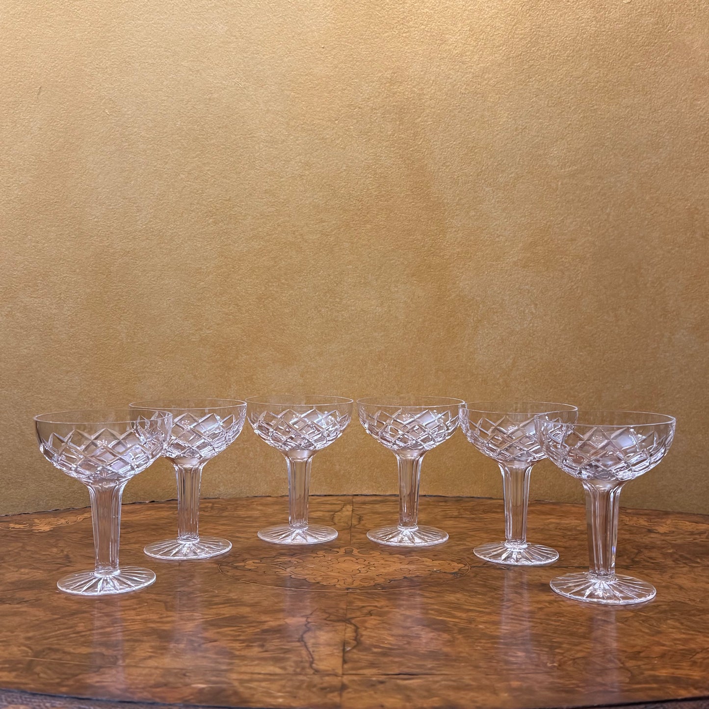 Vintage Crystal Champagne Coupe Hollow Stem Glasses Set Of Six