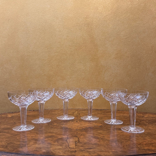 Vintage Crystal Champagne Coupe Hollow Stem Glasses Set Of Six