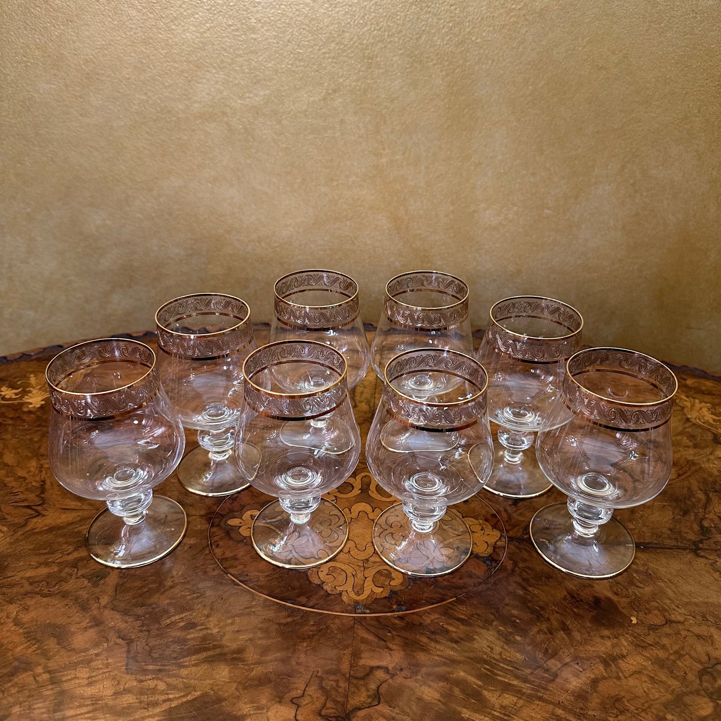 Vintage Crystal Cognac Gold Trim Glasses Set 