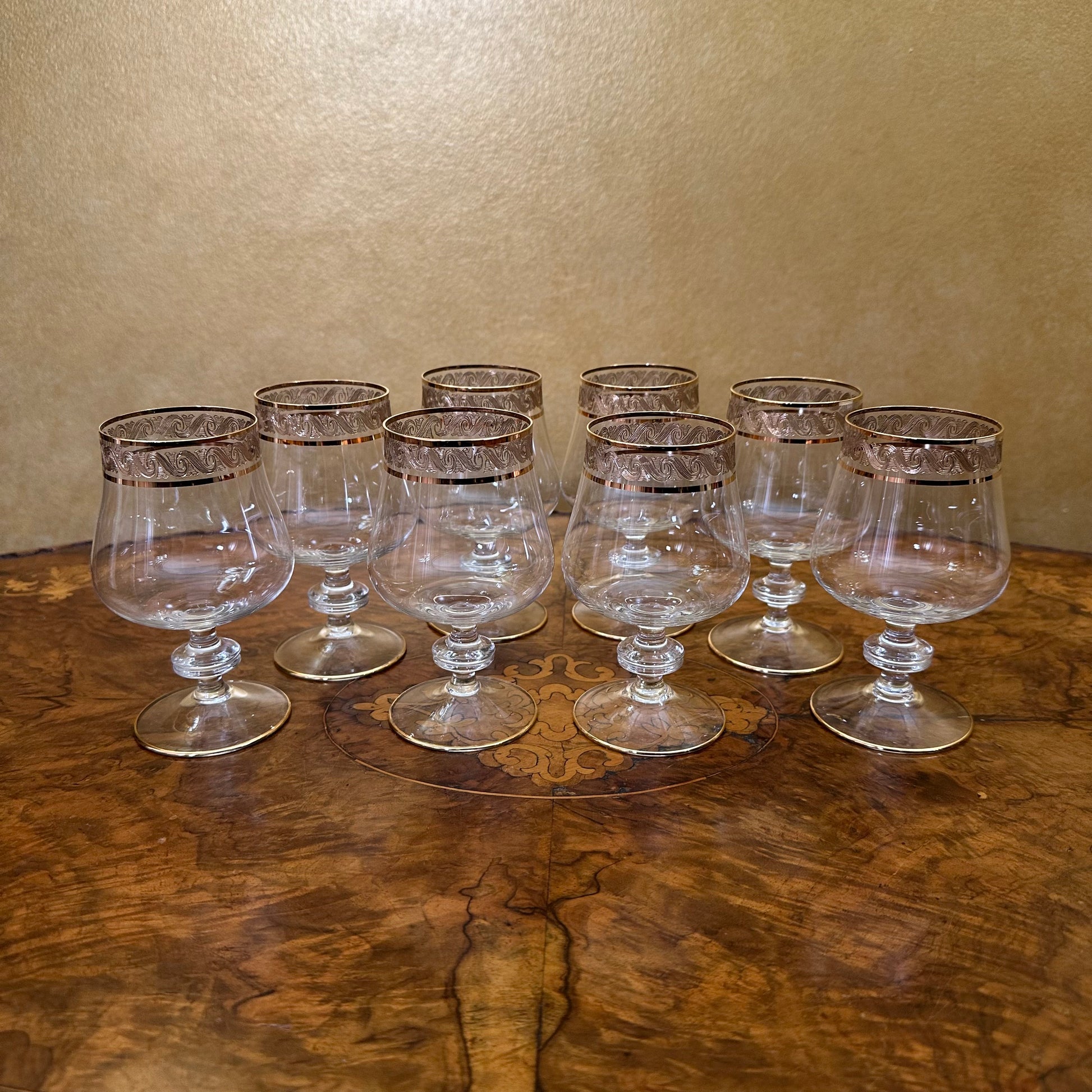 Vintage Crystal Cognac Gold Trim Glasses Set Of Eight 