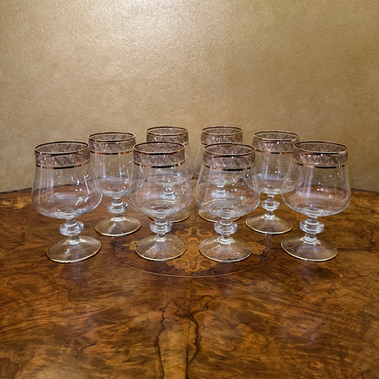 Vintage Crystal Cognac Gold Trim Glasses Set Of Eight 