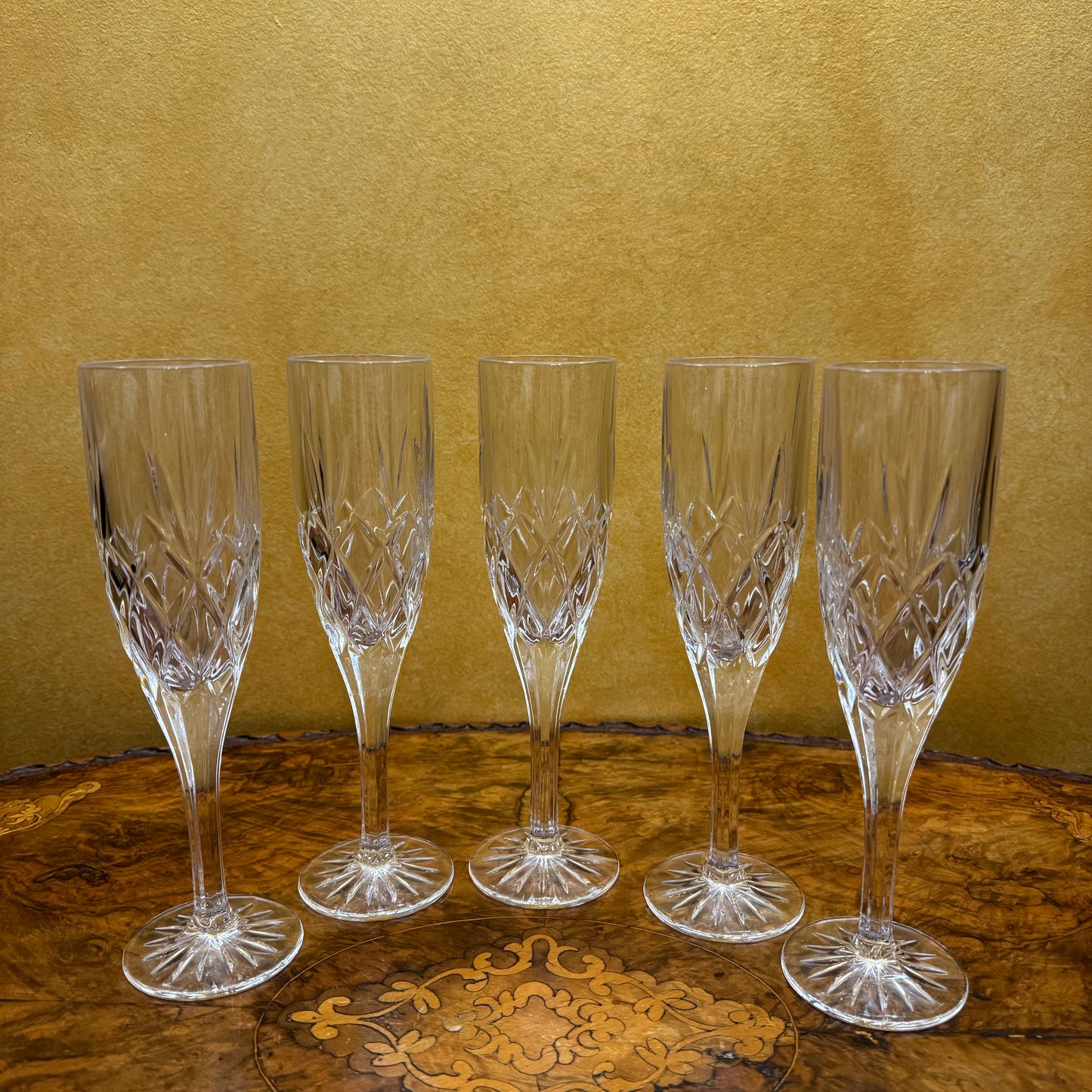 Vintage Crystal Cut Champagne Flutes Set Of Five 