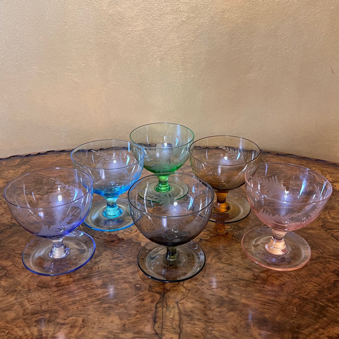 Vintage Crystal Etched Coloured Desert Bowls Set 