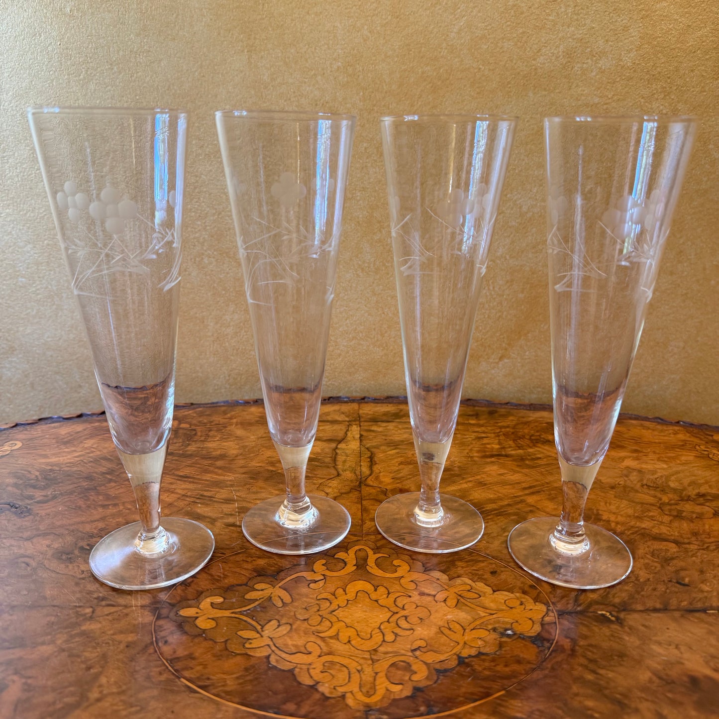 Vintage Crystal Etched Floral Champagne Flutes Set Of Four 