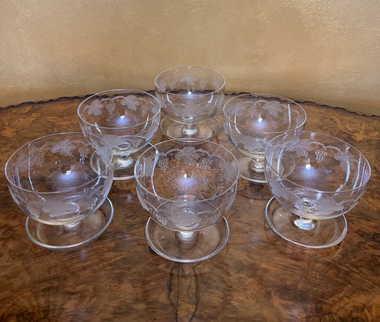 Vintage Crystal Etched Grapes & Leave Desert Glasses Set of Six