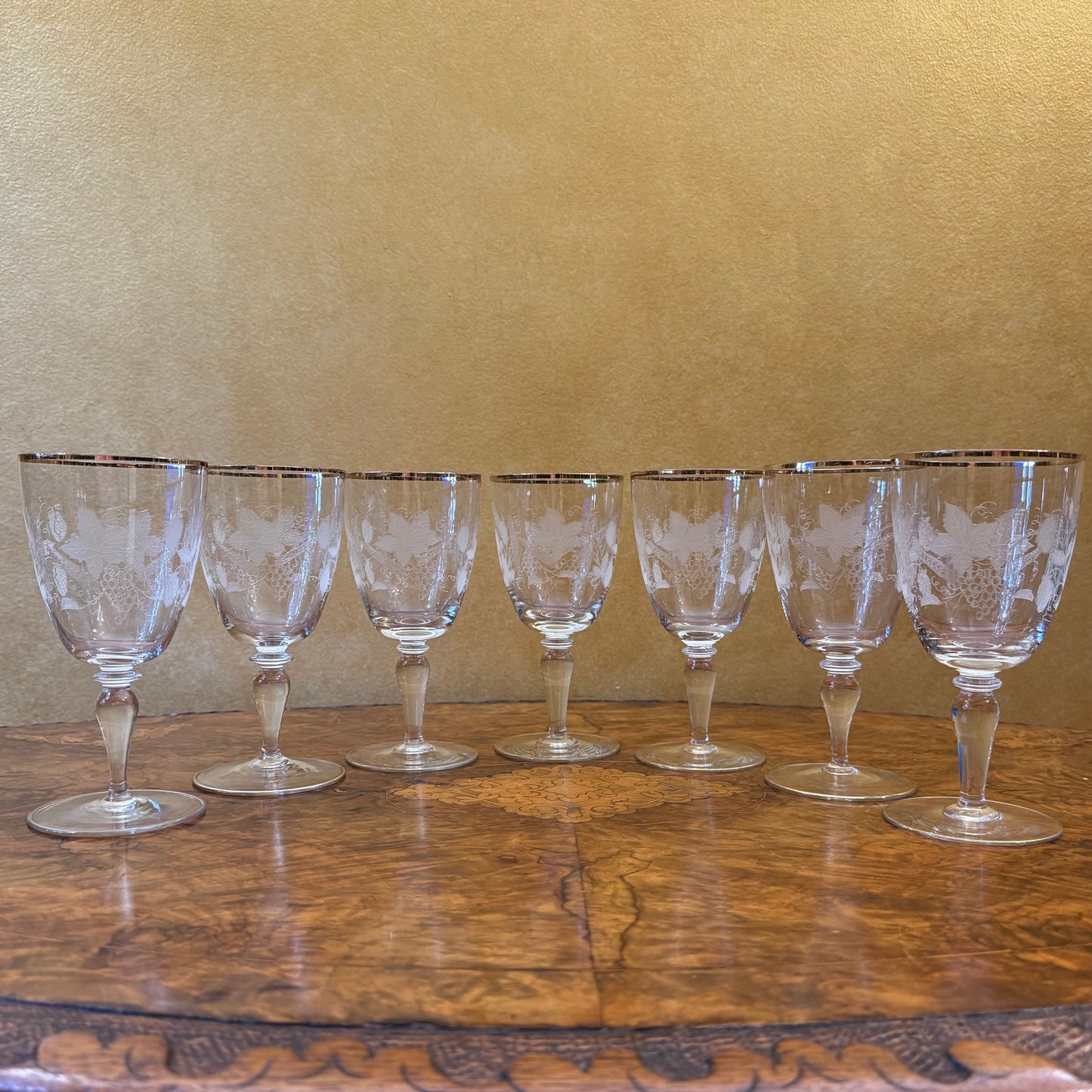 Vintage Crystal Etched Grapes & Wheat Design Water Goblets Set Of Seven 