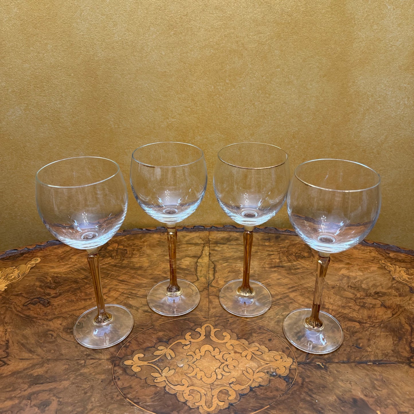 Vintage Crystal Gold Tulip Stem Wine Glasses Set 