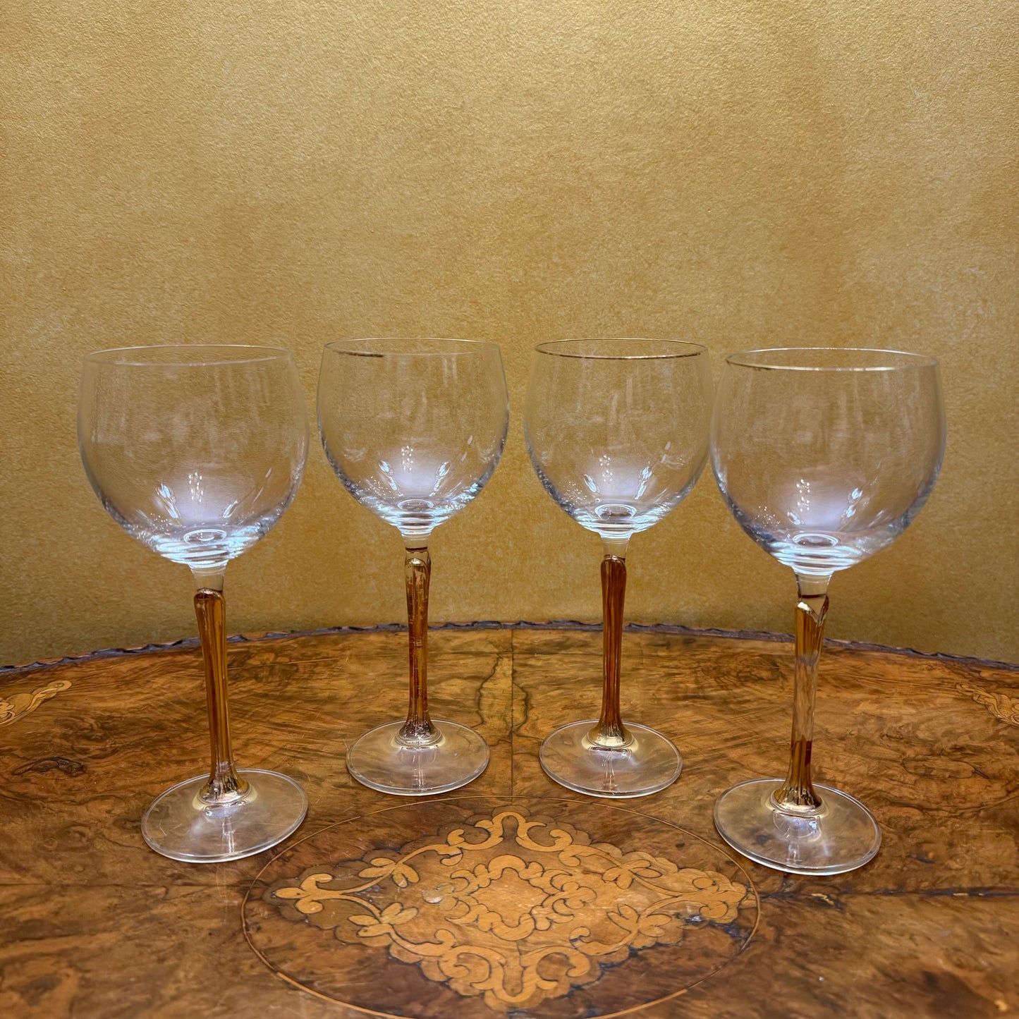 Vintage Crystal Gold Tulip Stem Wine Glasses Set Of Four 