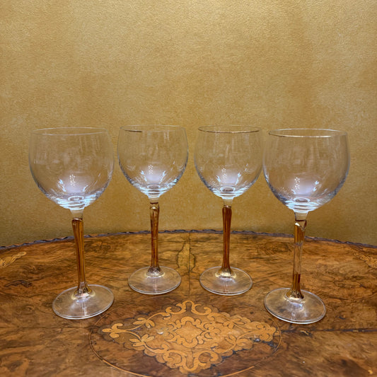 Vintage Crystal Gold Tulip Stem Wine Glasses Set Of Four 