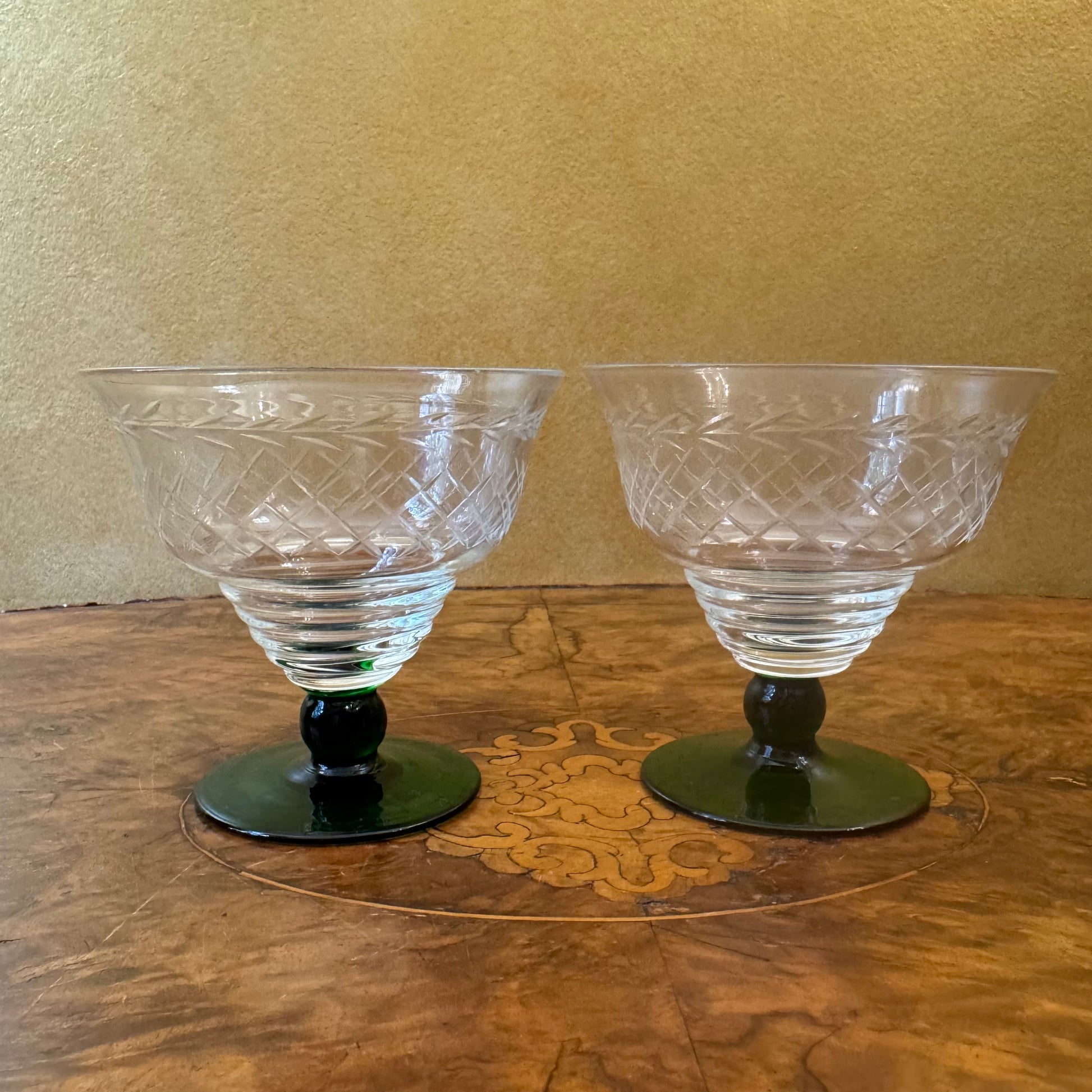 Vintage Crystal Green Stem Desserts Bowls Pair 