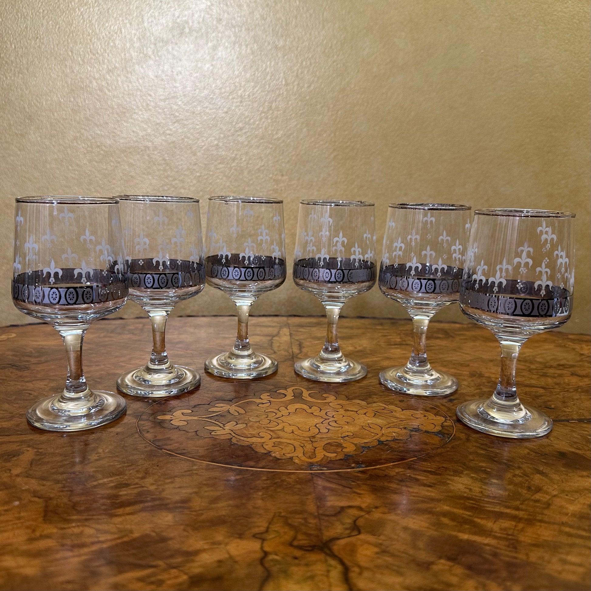 Vintage Dema English Sherry Silver Trim Set Of Six Glasses