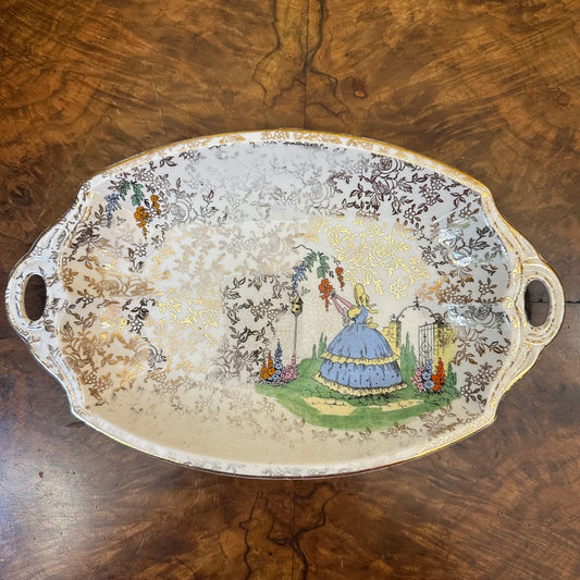 Vintage Empire Crinoline Lady Gold Chintz Pattern Dish