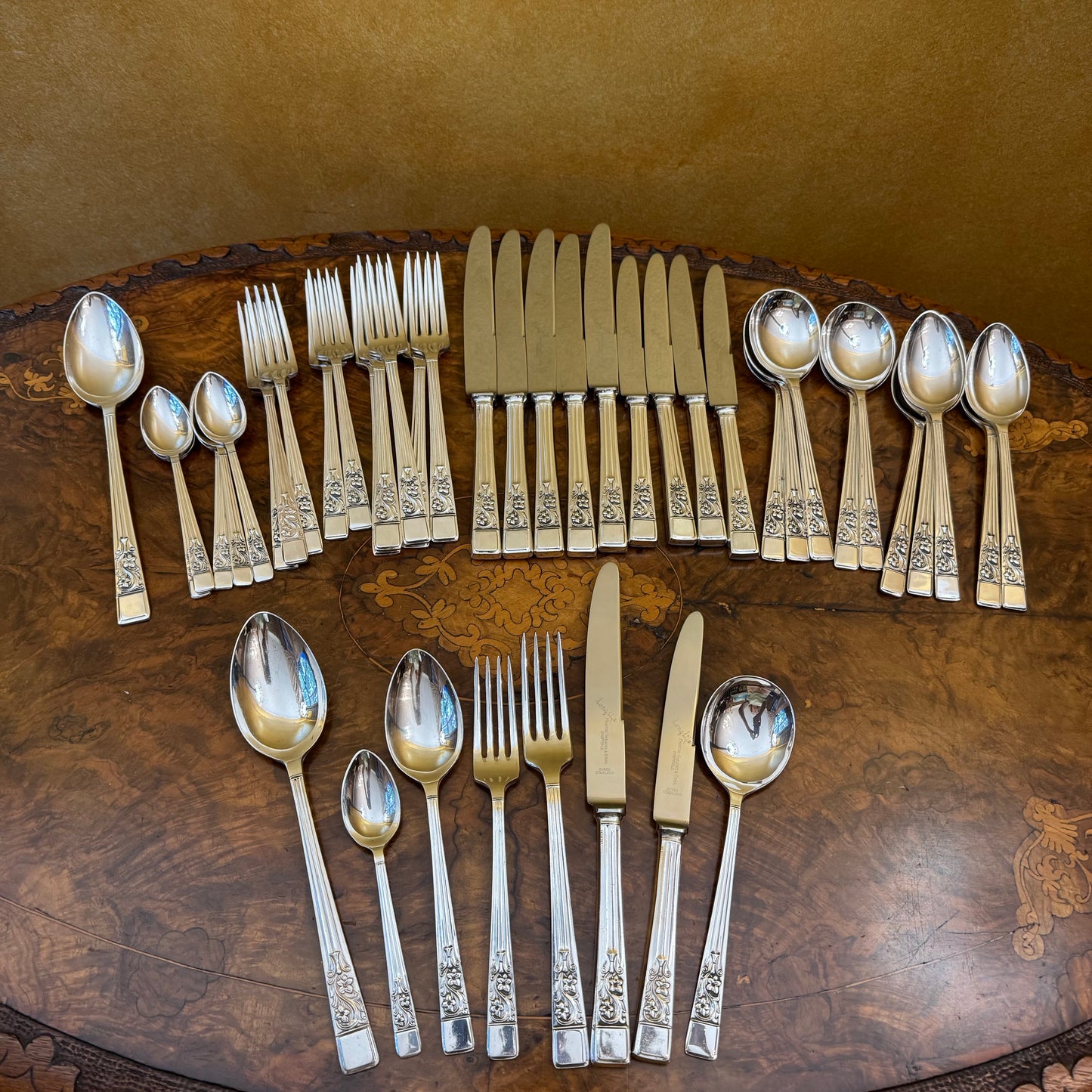 Vintage English Sheffield Springtime Silver Plate 43 Piece Cutlery Set 