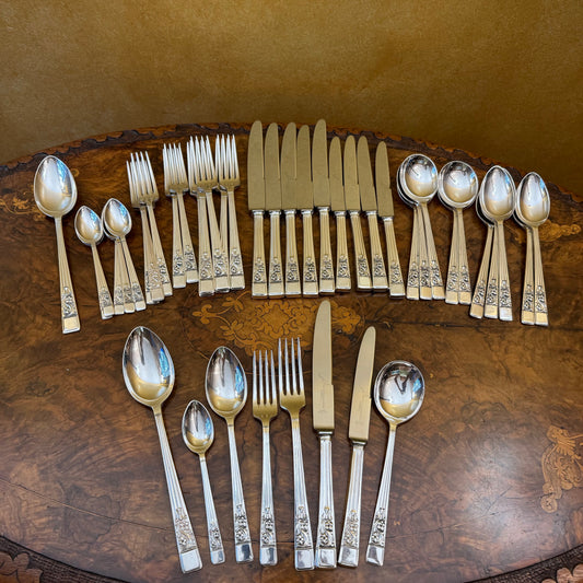 Vintage English Sheffield Springtime Silver Plate 43 Piece Cutlery Set 