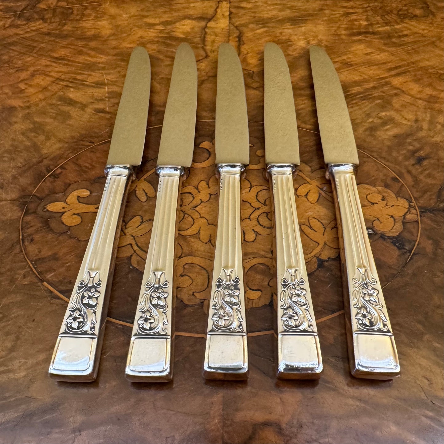 Vintage English Sheffield Springtime Silver Plate Knives Set