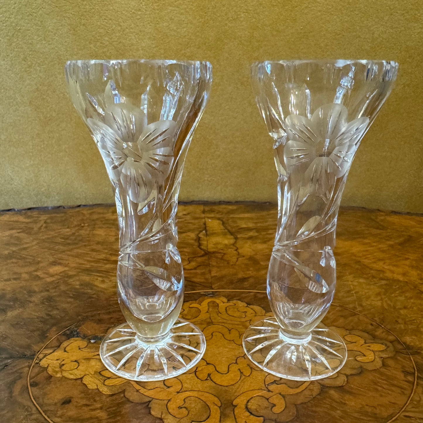 Vintage Etched Floral Cut Bud Vase Pair 