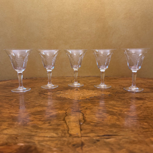 Vintage Etched Grapes Port Sherry Glasses Set Of Five 