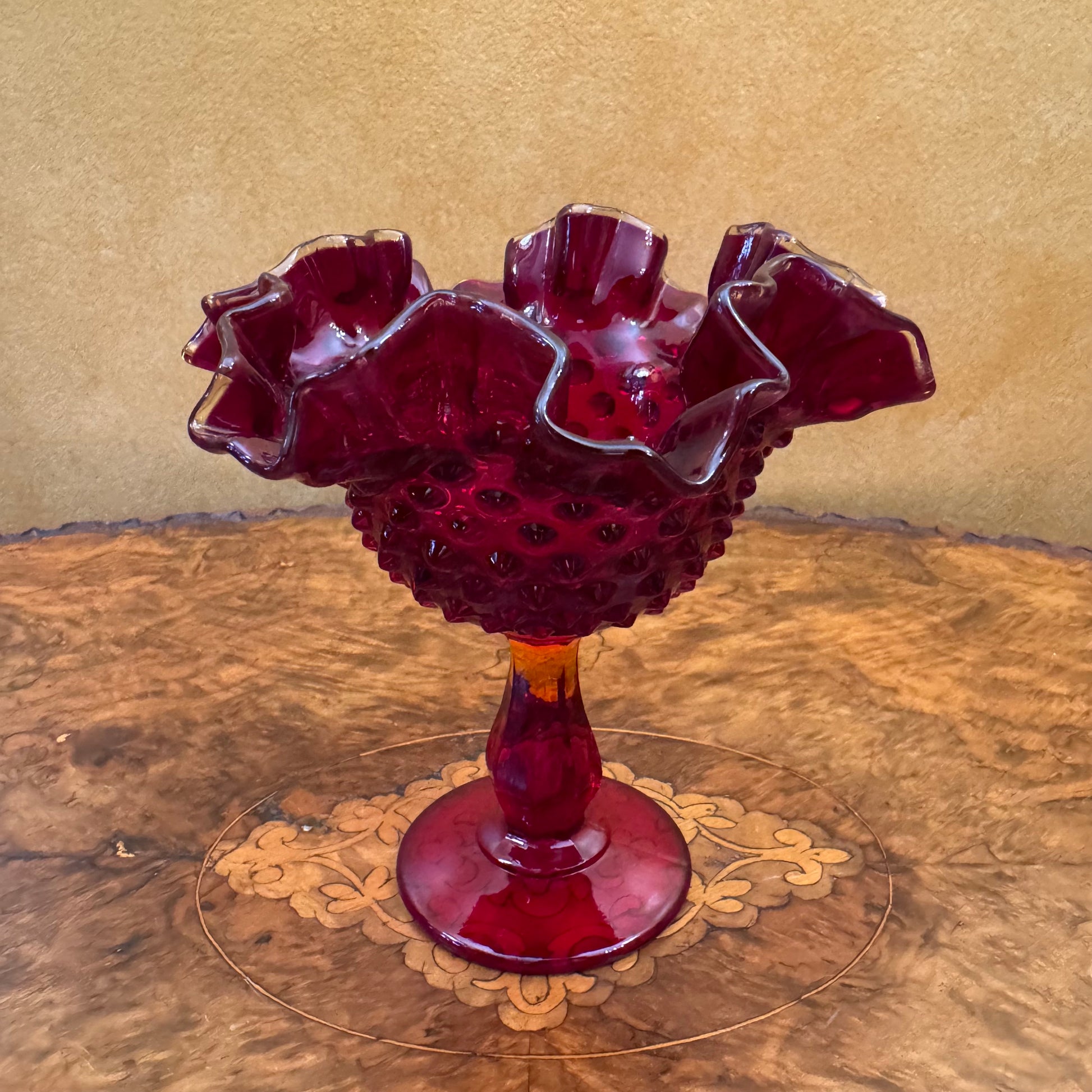 Vintage Fenton Ruby Red Hobnail Ruffle Rim Footed Comport Glass