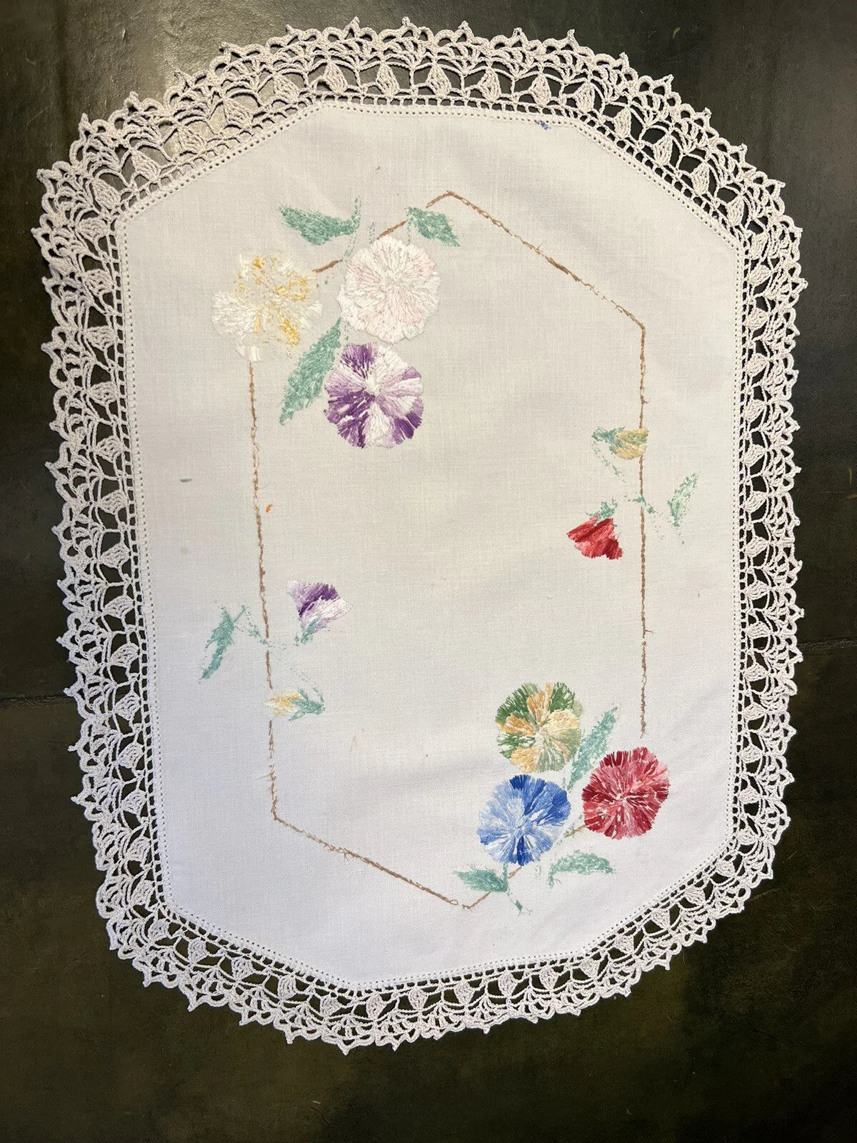 Vintage Floral Embroidered Cotton Doily