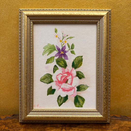 Vintage Flower Painting On Canvas In Gold Frame 