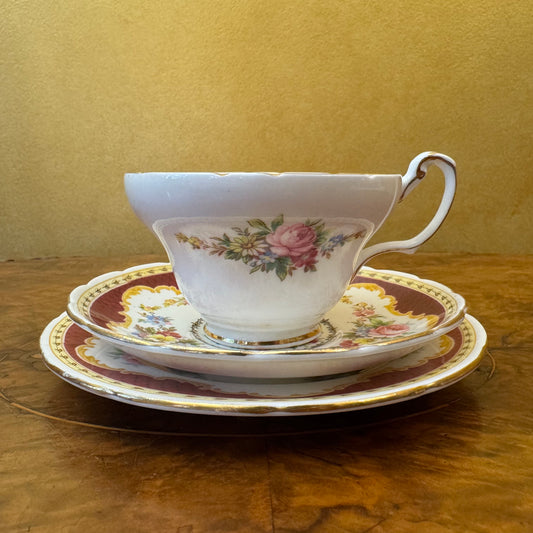 Vintage Foley Windsor Burgundy Tea Cup Trio Set