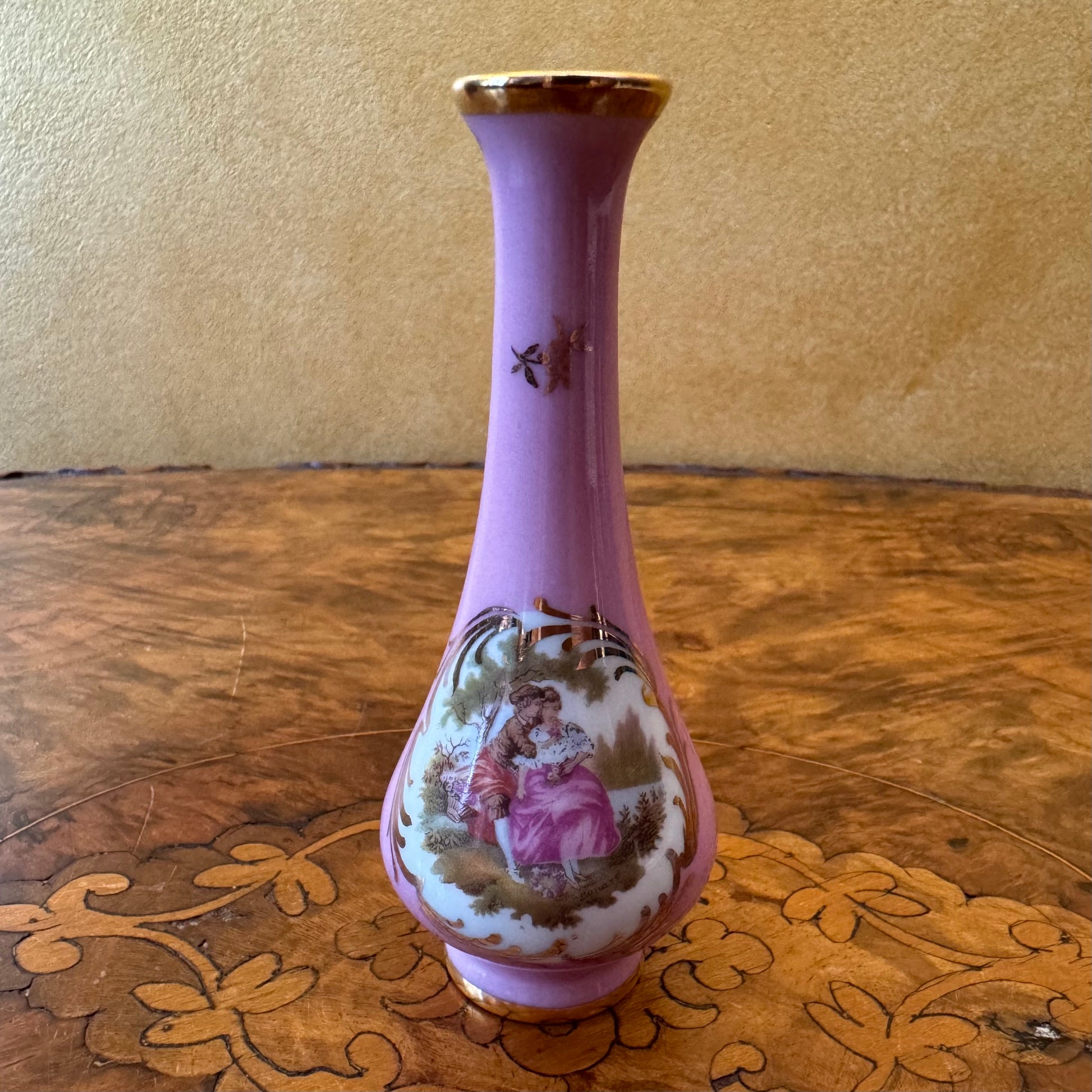 Vintage French Limoges Pink Courting Print Small Vase