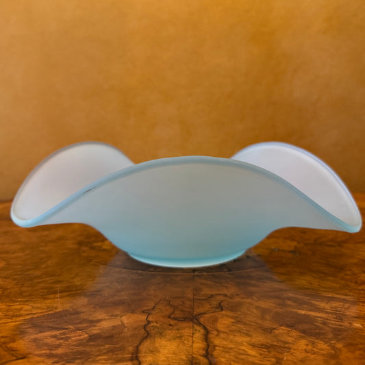 Vintage Frosted Blue Ruffled Glass Bowl