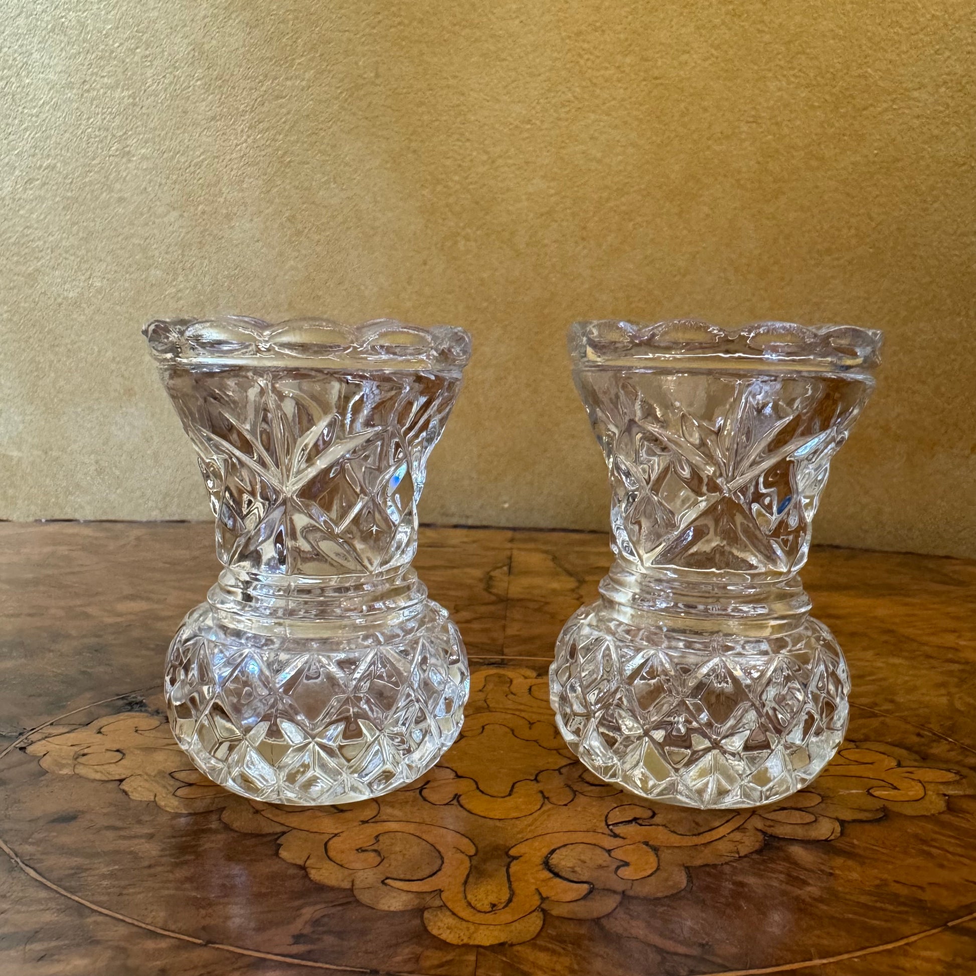 Vintage Glass Cut Bud Vases Pair 