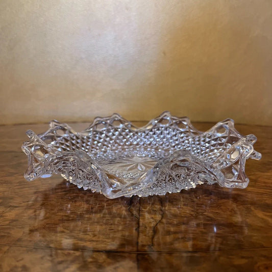 Vintage Ruffled Edge Glass Cut Display Bowl