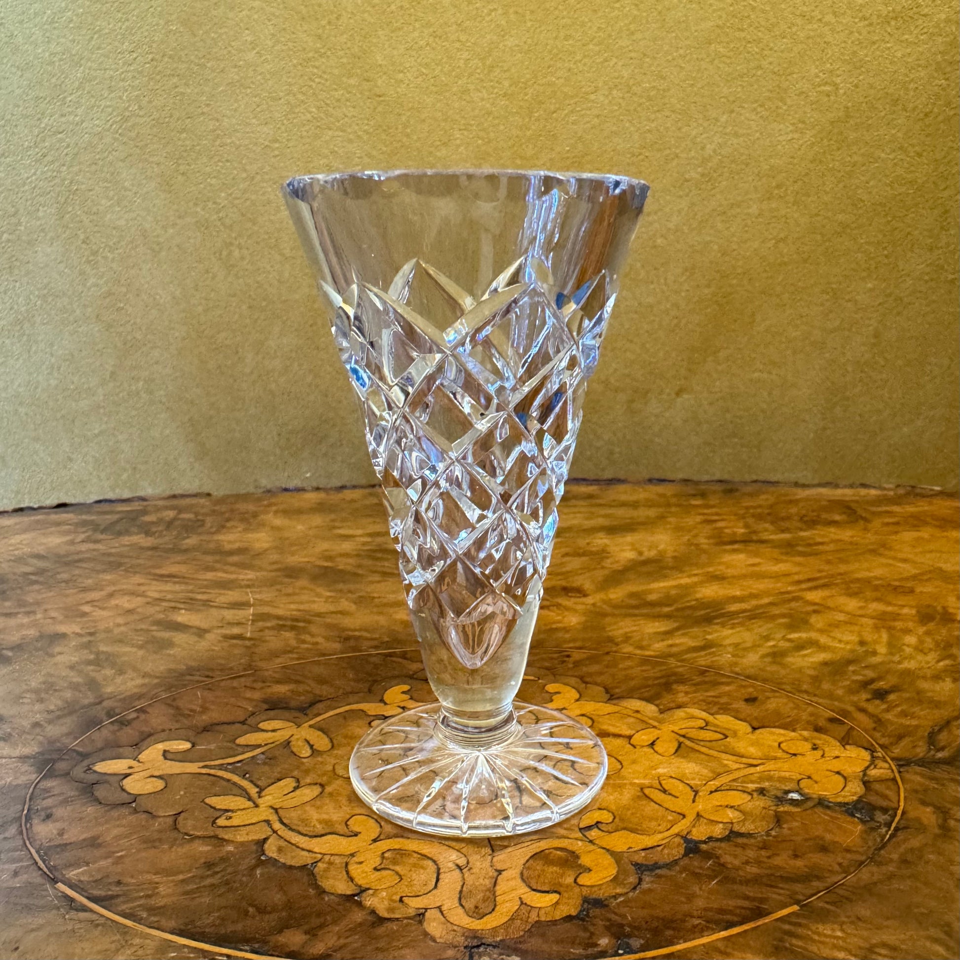 Vintage Glass Cut Small Trumpet Vase 