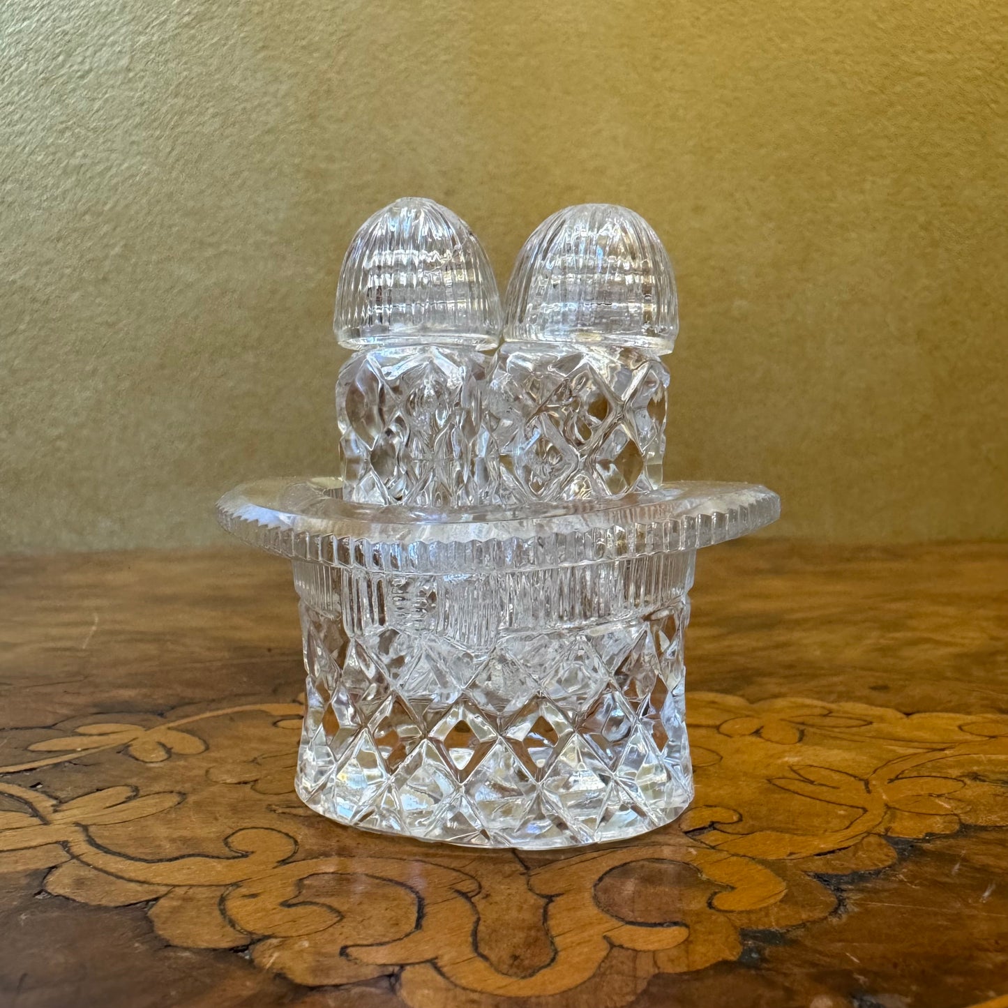 Vintage Glass Cut Top Hat Salt & Pepper Cruet Set 